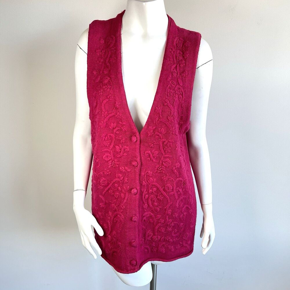 Vintage 90s Embroidered Ramie Cotton Sweater Vest Cardigan M Cottage Grandma NWT
